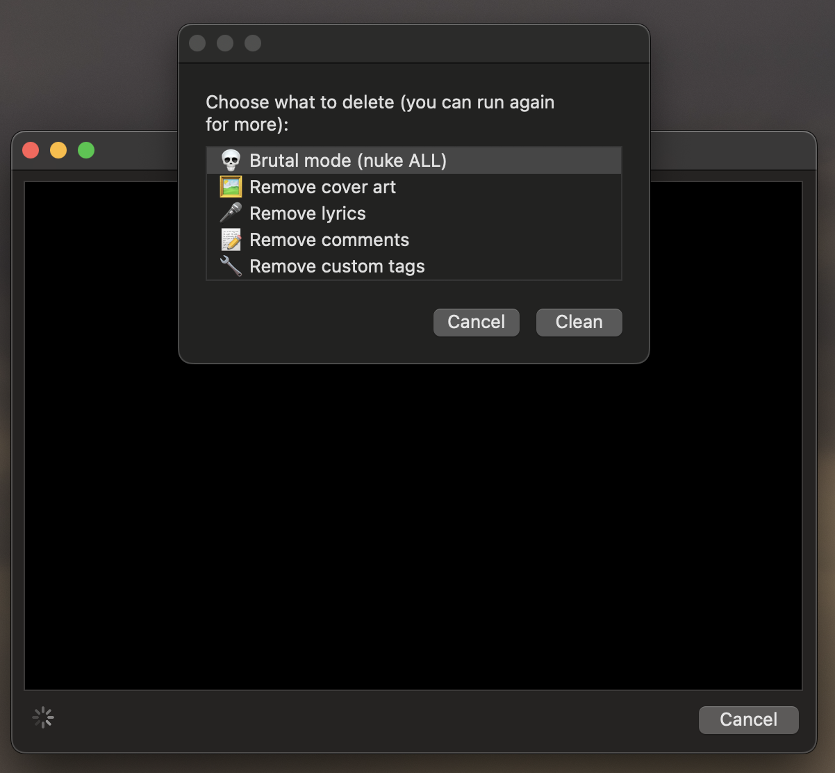 MP3 Laundry options dialog with controls for removing all tags, cover art, lyrics, comments, or custom tags