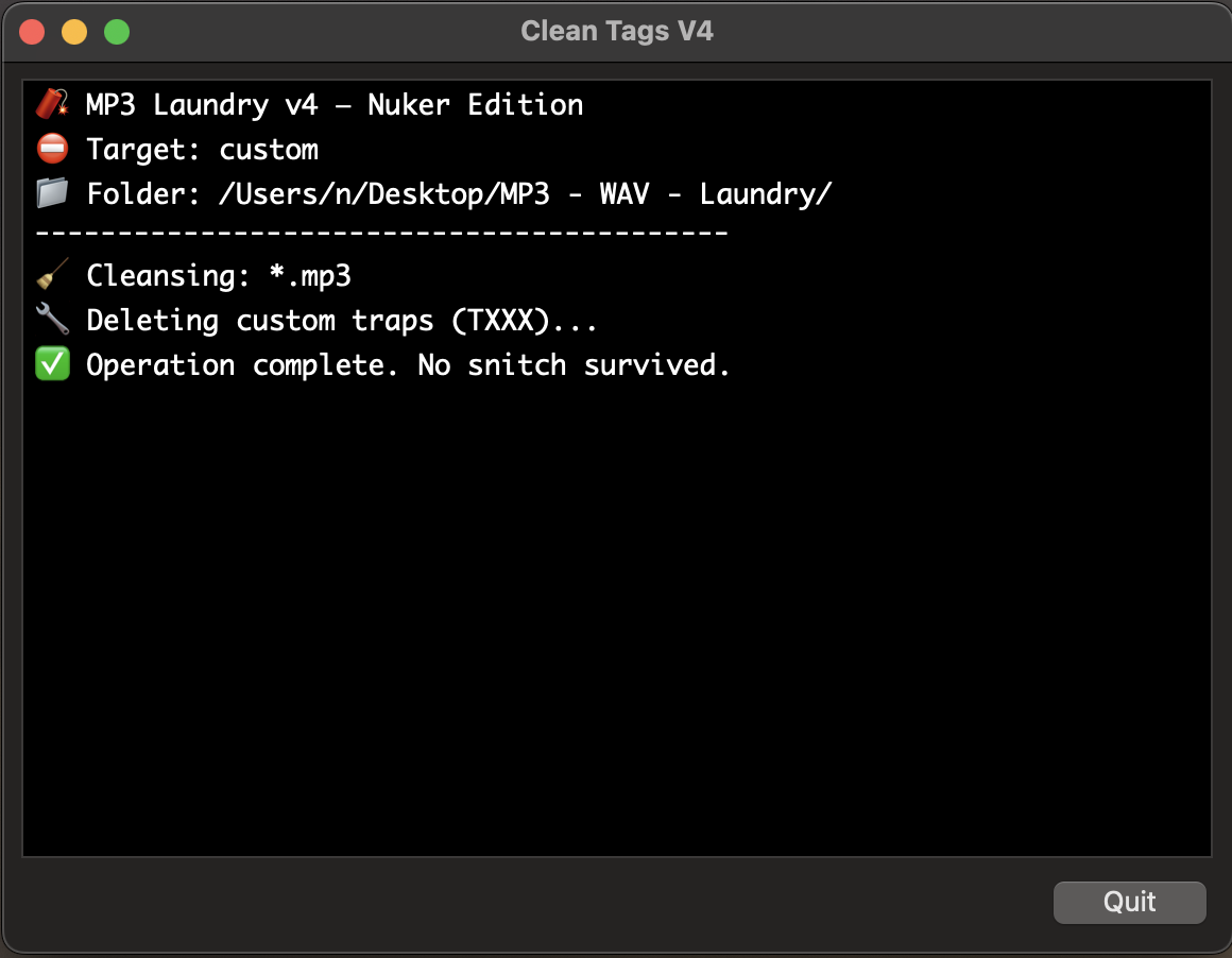 MP3 Laundry v4 terminal output after deleting custom tags